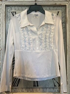 Clio White Ruffle-Front Button Down Long Sleeve Shirt